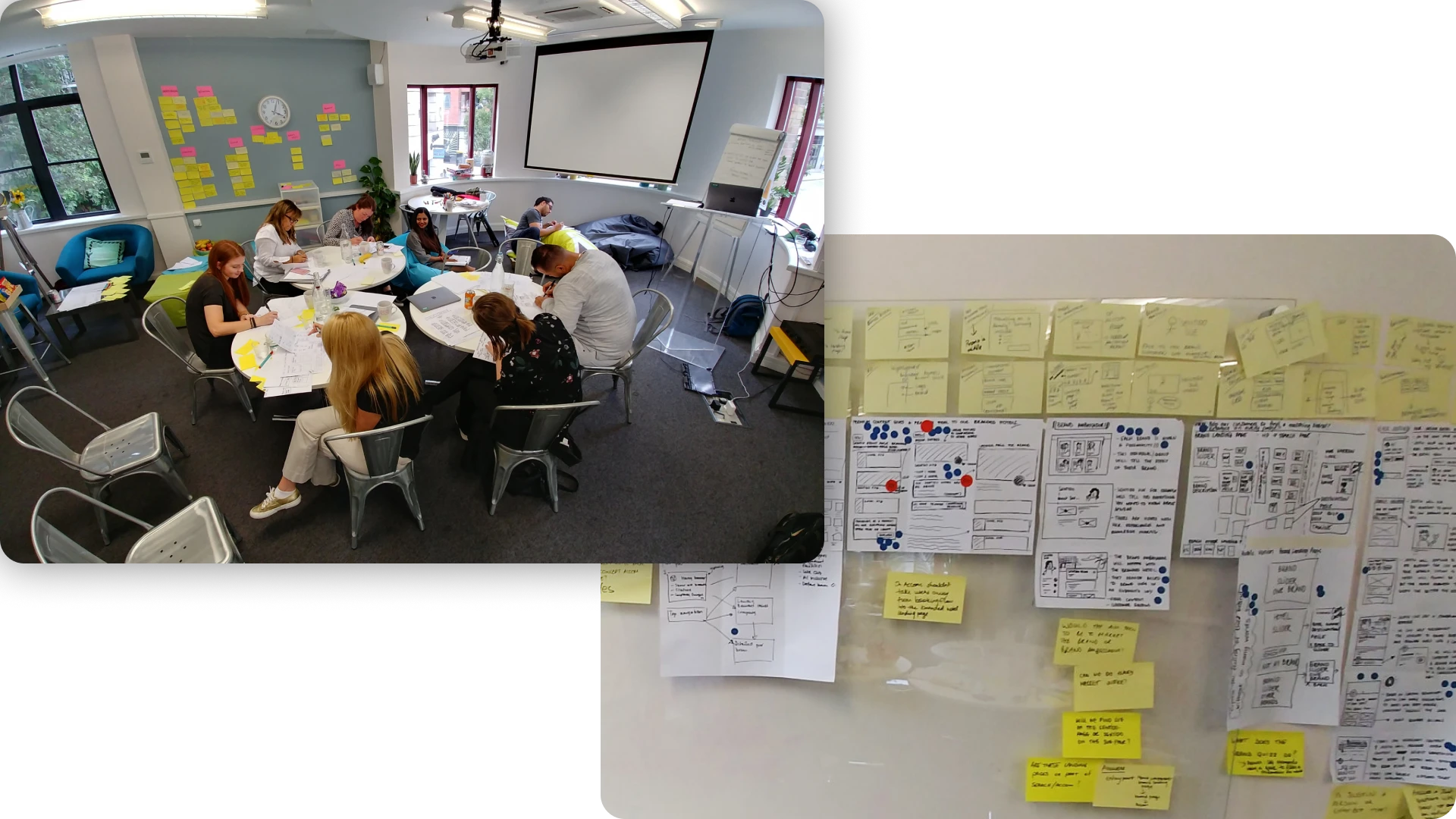 Collaborating team in the design sprint and initial idea sketches