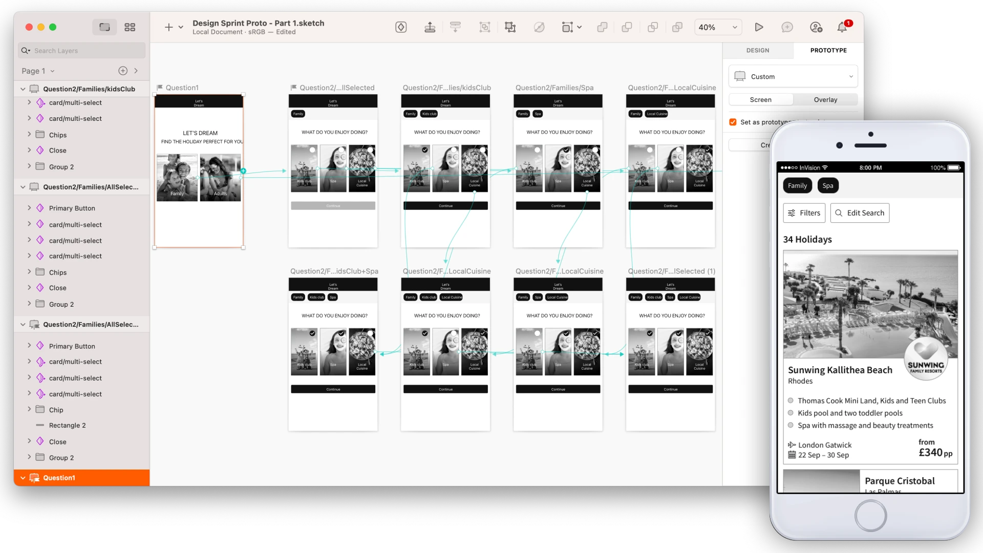 Sketch design file and prototype screenshot