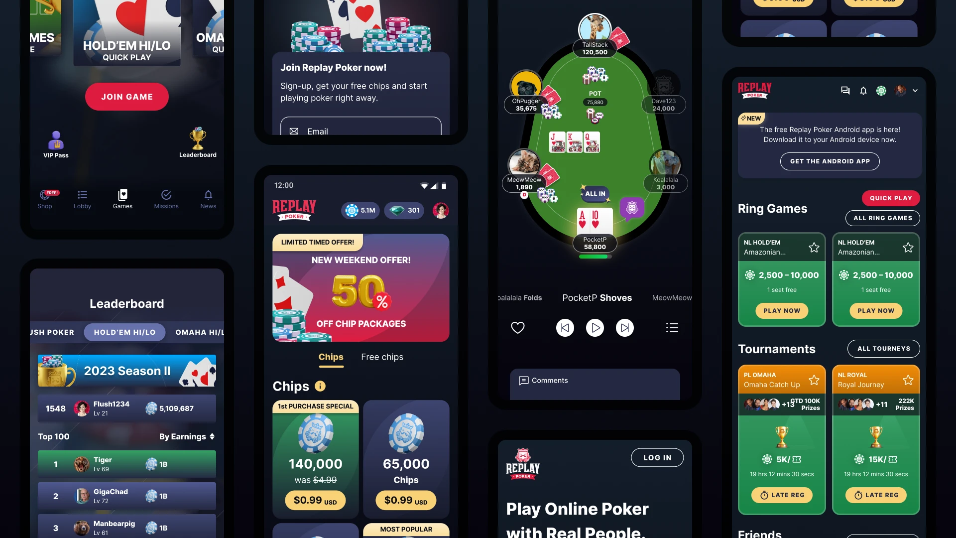 Various mobile design examples for Replay Poker